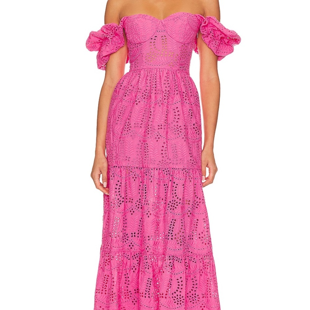 Line & Dot Pink Off-Shoulder Lace Dress